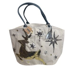 Mud Pie Deer Dazzle sequin reindeer and stars jute Christmas tote New with tag
